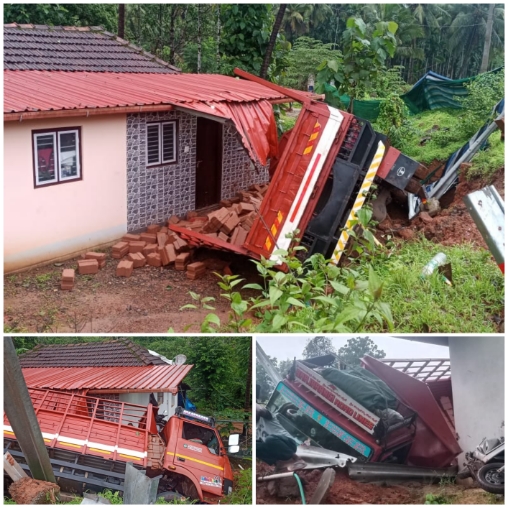 ಚಾಲಕನ ನಿಯಂತ್ರಣ ತಪ್ಪಿ ಮನೆಯ ಮಹಡಿ ಮೇಲೆ ಉರುಳಿ ಬಿದ್ದ ಲಾರಿ.