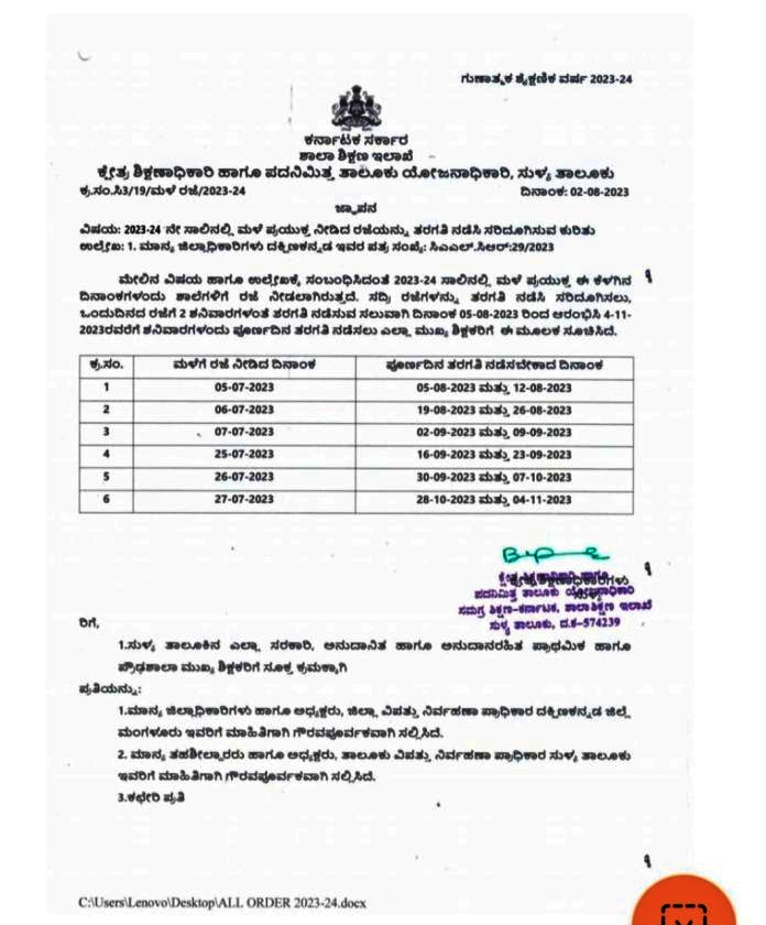 ಸುಳ್ಯದಲ್ಲಿ ಮಳೆ ಕಾರಣದಿಂದ ನೀಡಿದ್ದ ರಜೆ ಸರಿದೂಗಿಸಲು ನವೆಂಬರ್ ವರೆಗೆ ಶನಿವಾರದಂದು‌ ಪೂರ್ತಿ ದಿನ‌ ತರಗತಿ ನಡೆಸಲು ಸೂಚನೆ.
