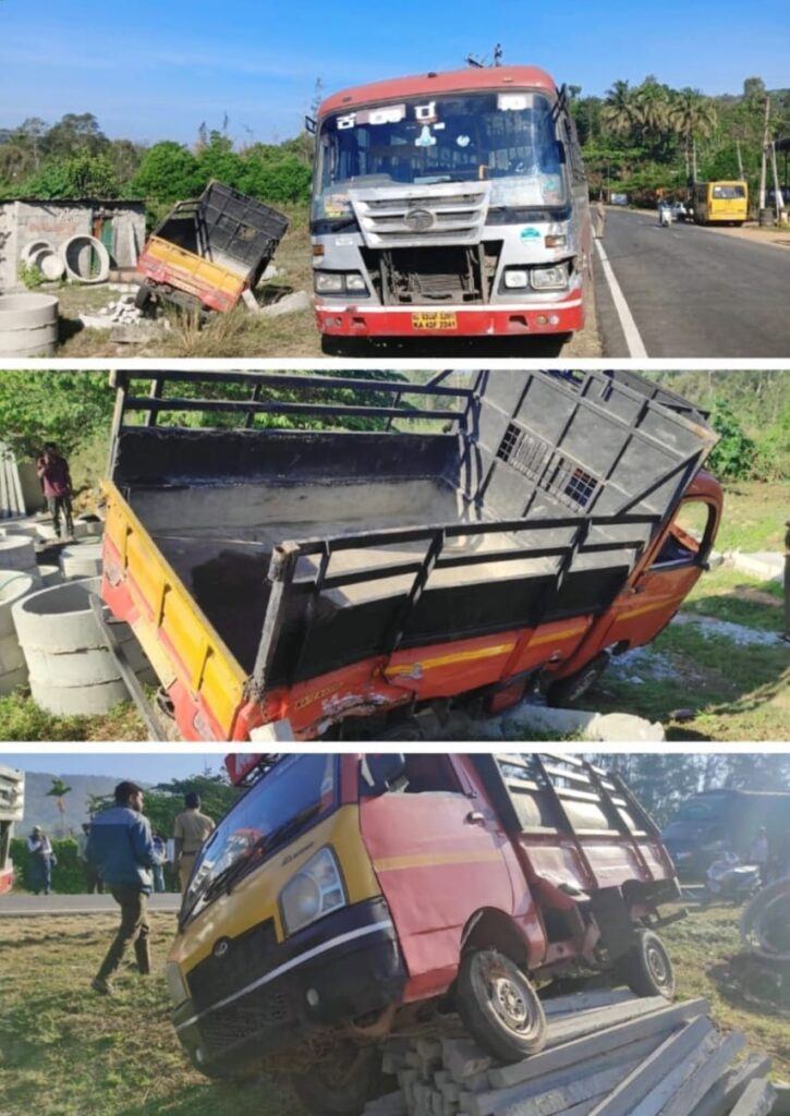 ವಿರಾಜಪೇಟೆ  ಅಂಬಟ್ಟಿ ಬಳಿ ಬಸ್ಸು ಹಾಗೂ ಗೂಡ್ಸ್ ವಾಹನ ನಡುವೆ ಡಿಕ್ಕಿ ಮೂವರಿಗೆ ಗಾಯ ಆಸ್ಪತ್ರೆಗೆ ದಾಖಲು