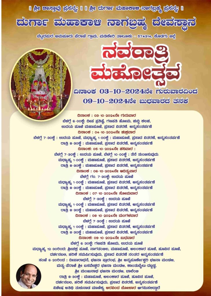 ಅ.3 ರಿಂದ 9ರ ವರೆಗೆ ಪೆರಾಜೆ ಶ್ರೀ ದುರ್ಗಾ ಮಹಾಕಾಳಿ ನಾಗಬ್ರಹ್ಮ ದೇವಸ್ಥಾನ ಬೆಟ್ಟದಪುರದಲ್ಲಿ ನವರಾತ್ರಿ ಮಹೋತ್ಸವ*