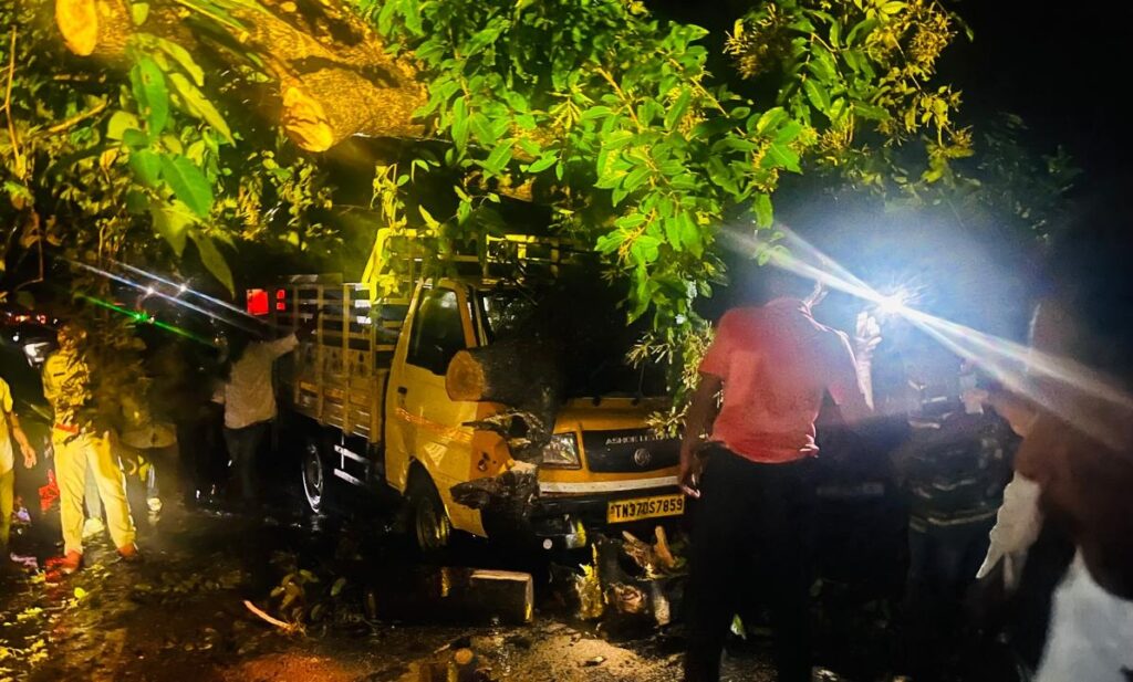 ಪಾಲಡ್ಕದಲ್ಲಿ ಚಲಿಸುತ್ತಿದ್ದ ವಾಹನದ ಮೇಲೆ ಬಿದ್ದ ಮರ:ವಾಹನ ಜಖಂ : ಸವಾರರು ಪಾರು :ಕಿಲೋಮಿಟರ್ ಗಟ್ಟಲೆ ಸಾಲುಗಟ್ಟಿ ನಿಂತ ವಾಹನ : ವಿದ್ಯುತ್ ತಂತಿಗೆ ಹಾನಿ.