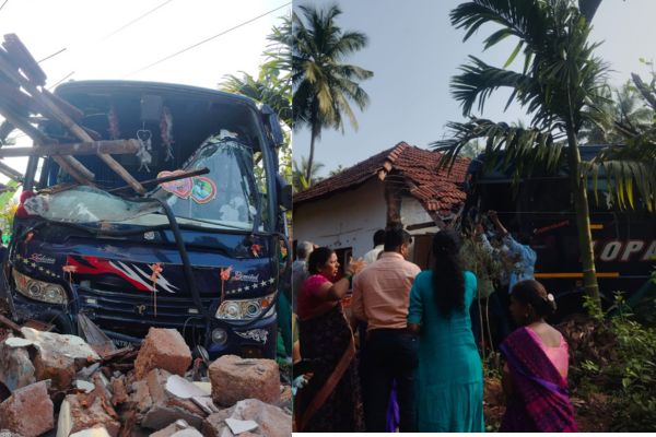 ಅಮ್ಚಿನಡ್ಕ ಸ್ಕೂಲ್ ಬಸ್ಸಿಗೆ ಡಿಕ್ಕಿಯಾಗುವುದನ್ನು ತಪ್ಪಿಸಲು ಹೋಗಿ ರಸ್ತೆ ಬದಿಯ ಮನೆಗೆ ನುಗ್ಗಿದ ಮದುವೆ ಪ್ರಯಾಣಿಕರಿದ್ದ ಬಸ್ ..!