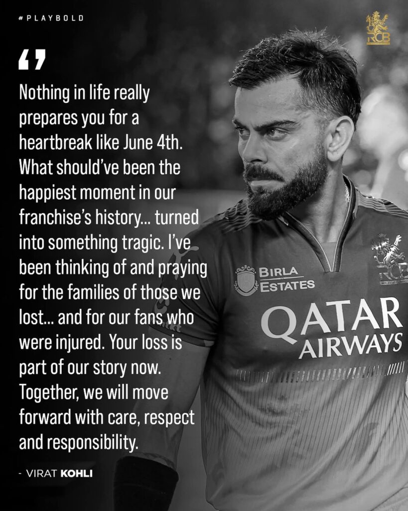 ಆರ್‌ಸಿಬಿ ವಿಜಯೋತ್ಸವದ ದುರಂತ – ವಿರಾಟ್ ಕೊಹ್ಲಿ ಭಾವುಕ ಪ್ರತಿಕ್ರಿಯೆ