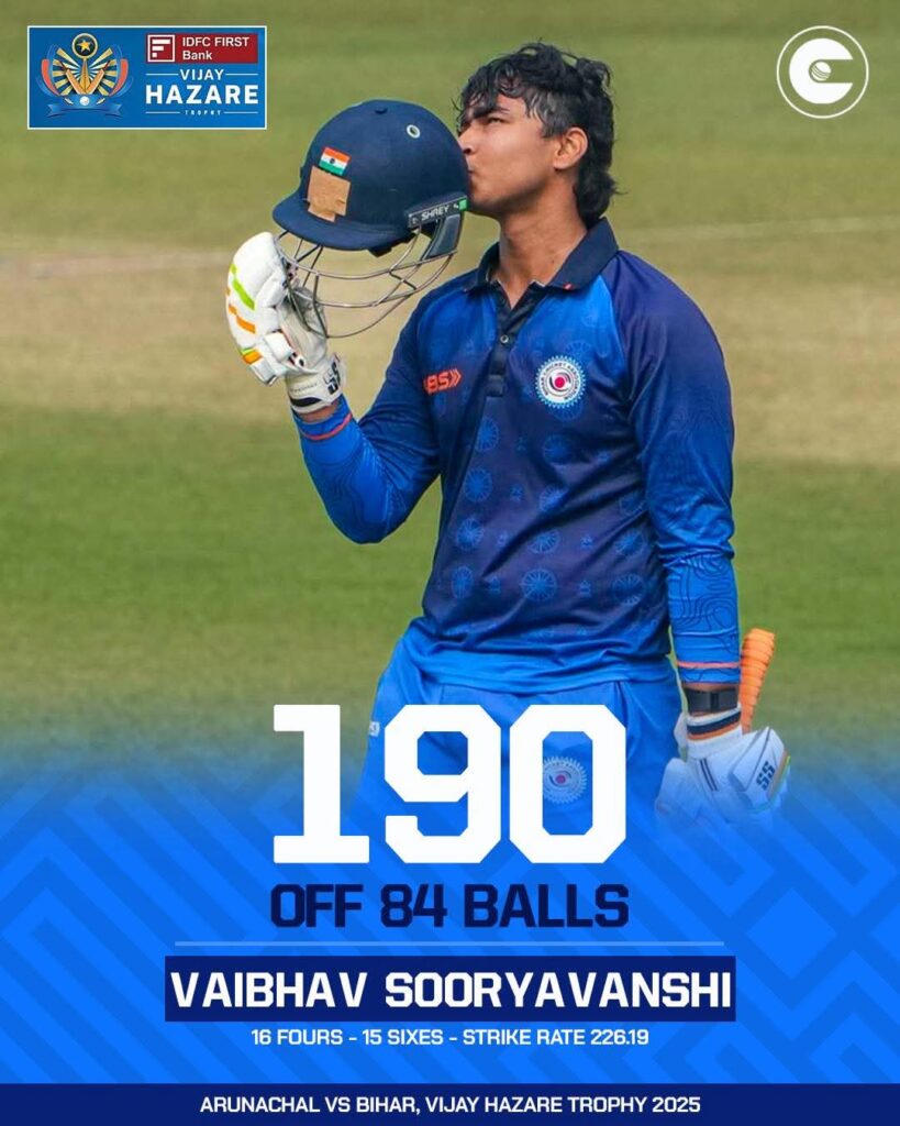 ವಿಜಯ್ ಹಜಾರೆ ಟ್ರೋಫಿ: ಎಬಿ ಡಿವಿಲಿಯರ್ಸ್ ದಾಖಲೆ ಮುರಿದ 14ರ ಹರೆಯದ ವೈಭವ್ ಸೂರ್ಯವಂಶಿ!